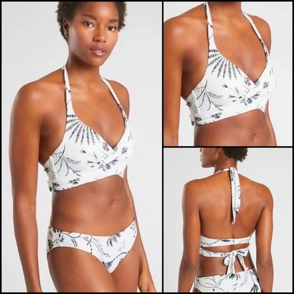 Athleta B&W Floral Print Wrap Around Bathing Suit Bikini Top 36 D/DD